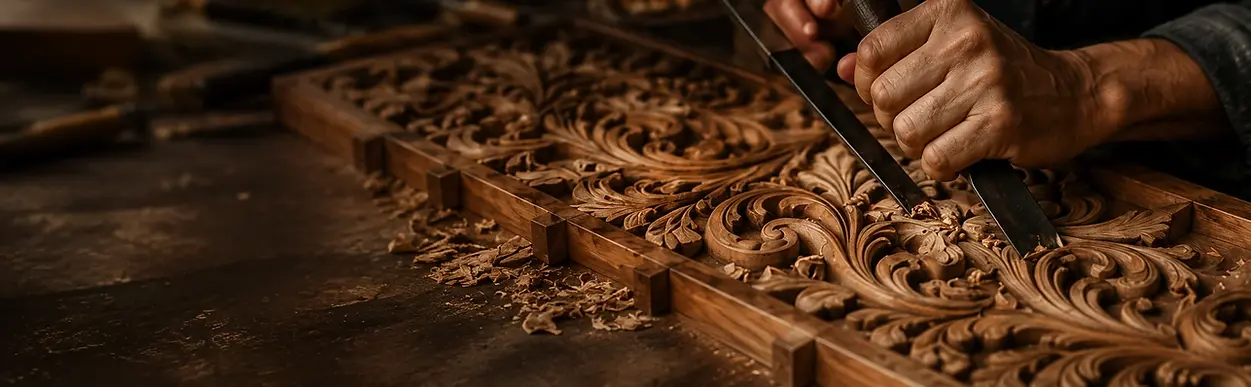 Skilled artisan hand carving premium solid wood furniture at Star Furniture Saharanpur workshop