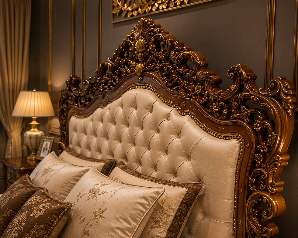 Thumbnail: Royal Upholstered Headboard Hand Carved Detail
