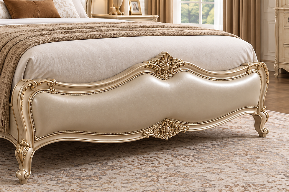 Thumbnail: Curved carved wooden footboard on French-inspired bed