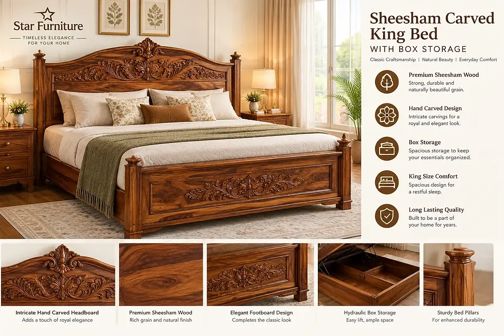 Thumbnail: Box storage compartment inside Sheesham carved king bed