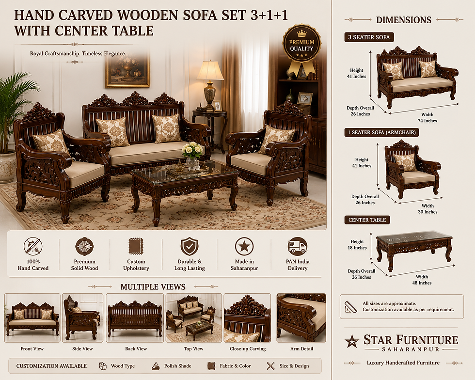 Luxury Wooden Sofa Set 3+1+1 with Hand Carved Design and Centre Table dimensions Made in Saharanpur