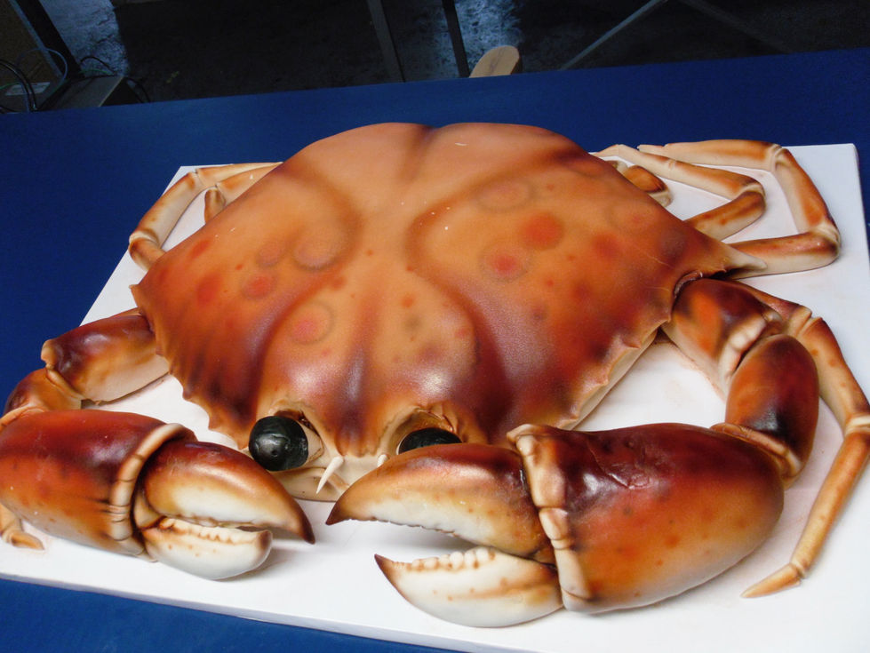 Carved cake, sugar paste, airbrushed food color.