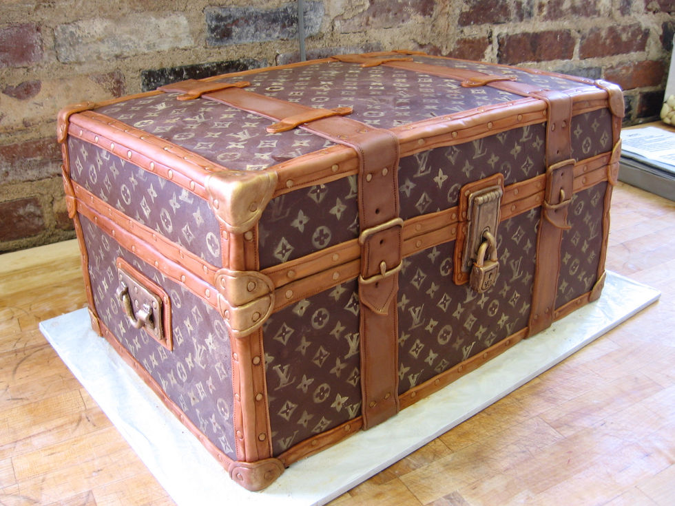 Cake trunk, hand crafted detail, hand painted LV design