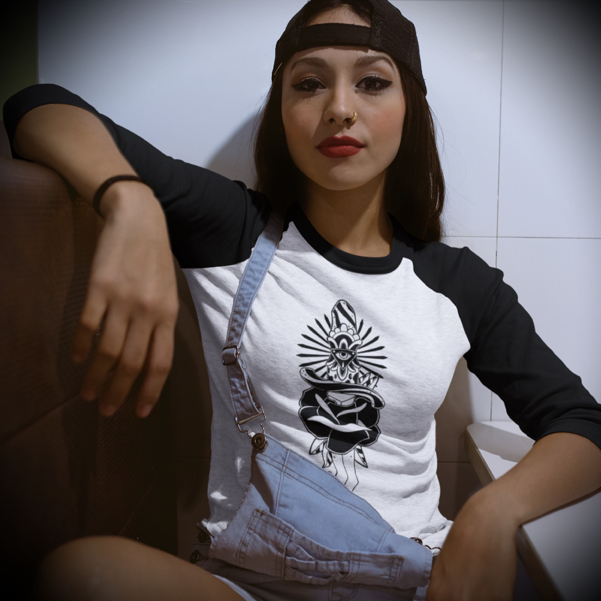 Dagger 3/4 sleeve Baseball Tee (Unisex)- Black+White/Black