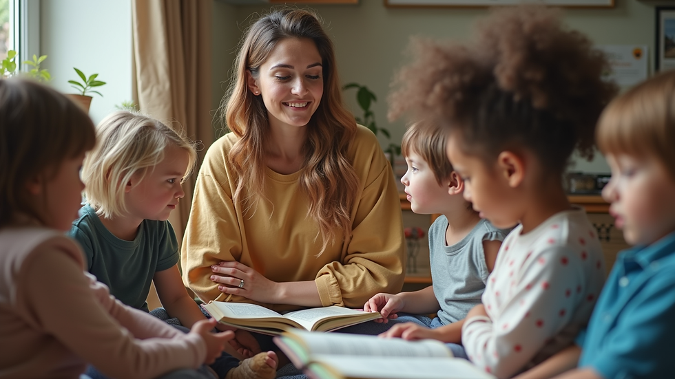 high angle view of a childcare worker reading a book to children