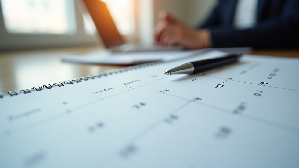 Close-up view of a calendar and pen on a desk for scheduling