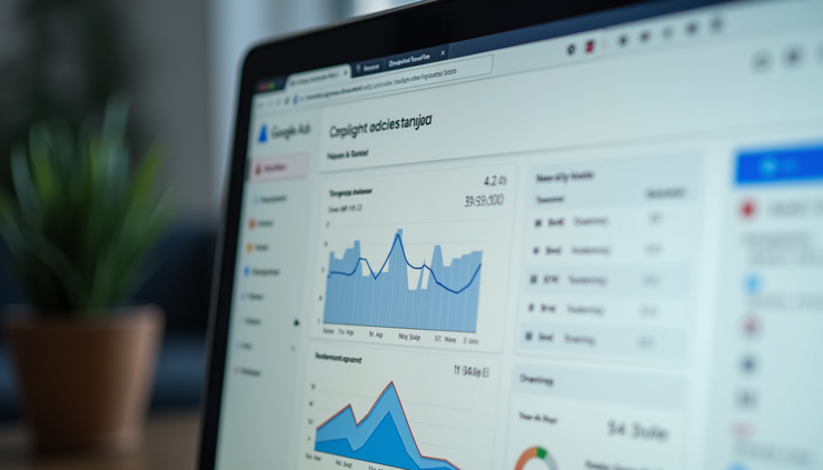 Yakın çekim, bilgisayar ekranında Google Ads kampanya yönetim paneli