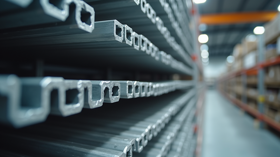 Close-up view of aluminum profiles stacked in warehouse