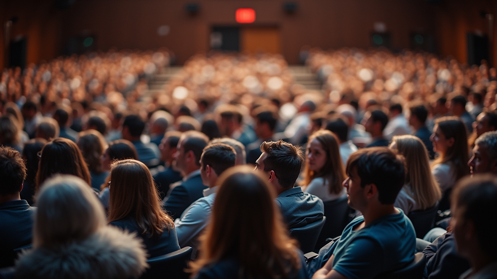 High angle view of a conference hall filled with attendees