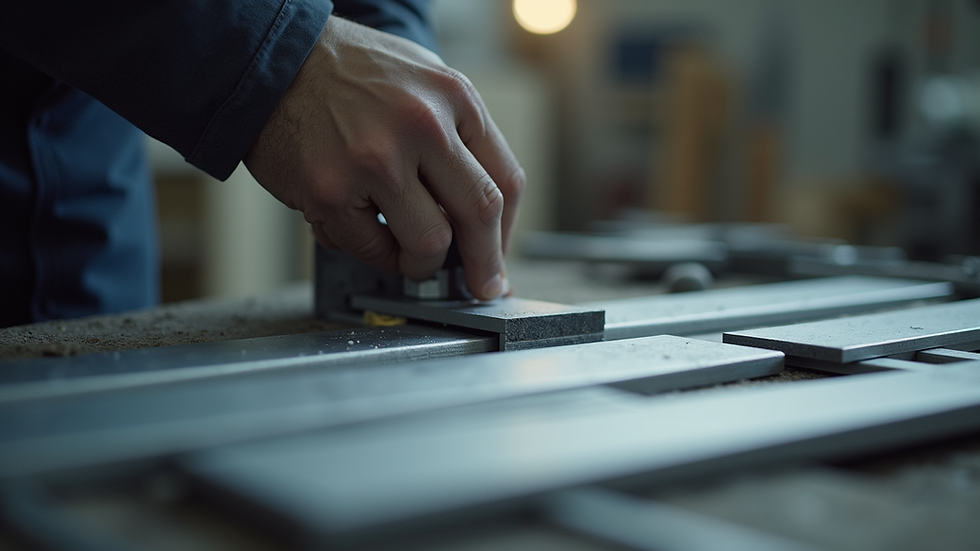 Close-up view of aluminum profile being measured and cut in workshop