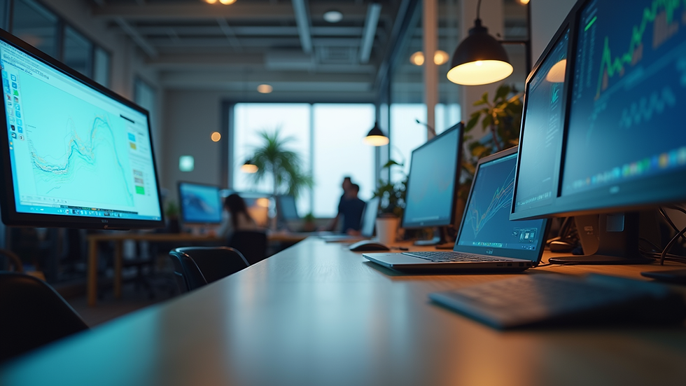 Eye-level view of a modern office workspace with multiple digital devices