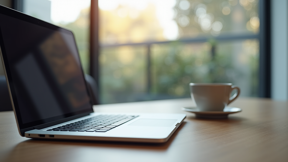 Eye-level view of a modern office workspace with a laptop and coffee cup