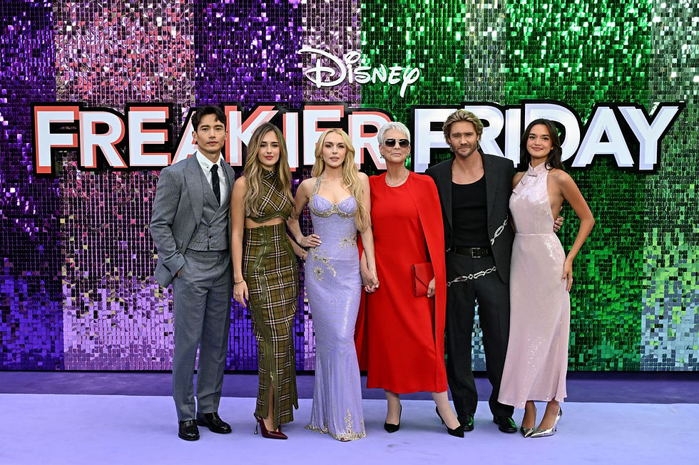 Manny Jacinto, Julia Butters, Lindsay Lohan, Jamie Lee Curtis, Chad Michael Murray and Sophia Hammons