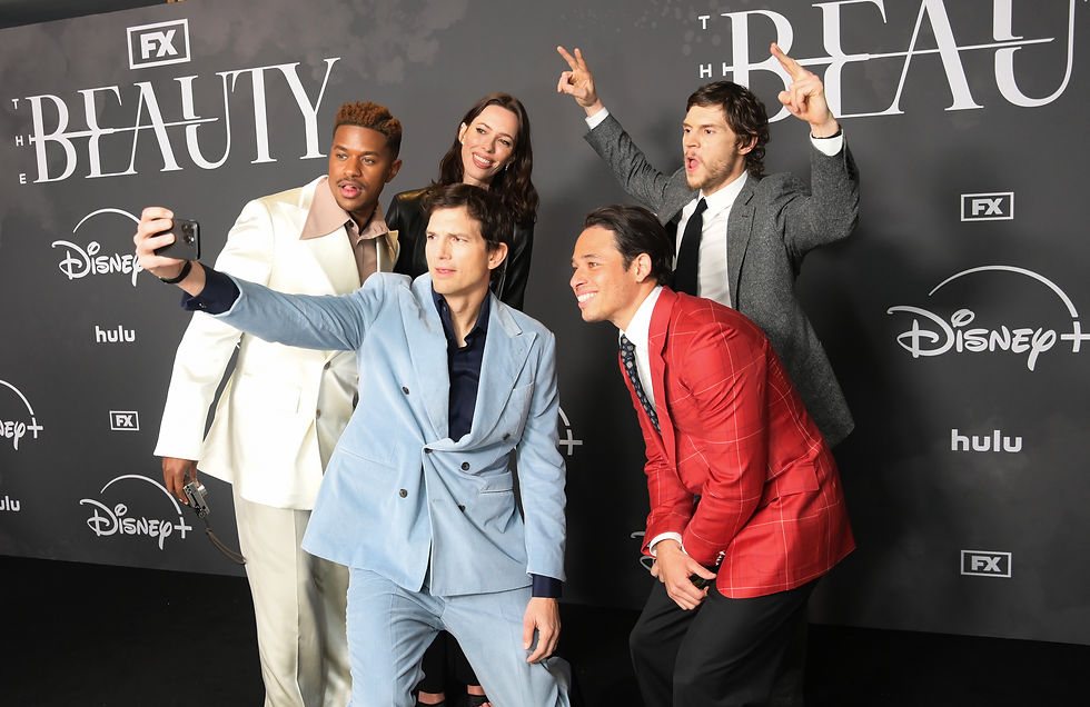 Evan Peters, Anthony Ramos, Jeremy Pope, Ashton Kutcher and Rebecca Hall attend the Disney+ UK Premiere of 'FX's The Beauty' at Odeon Luxe West End