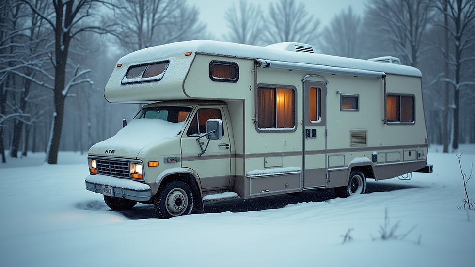 Close-up view of a winterized RV with snow on the roof