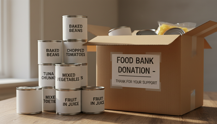 Close-up of stacked tins of beans, tomatoes, tuna, vegetables, and fruit ready for a food bank box.
