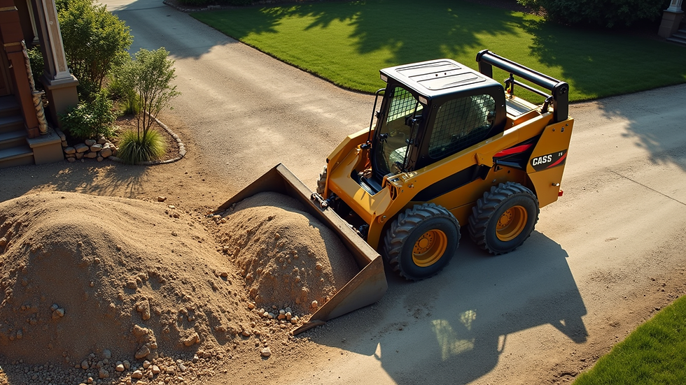 High angle view of skid steer removing gravel from driveway