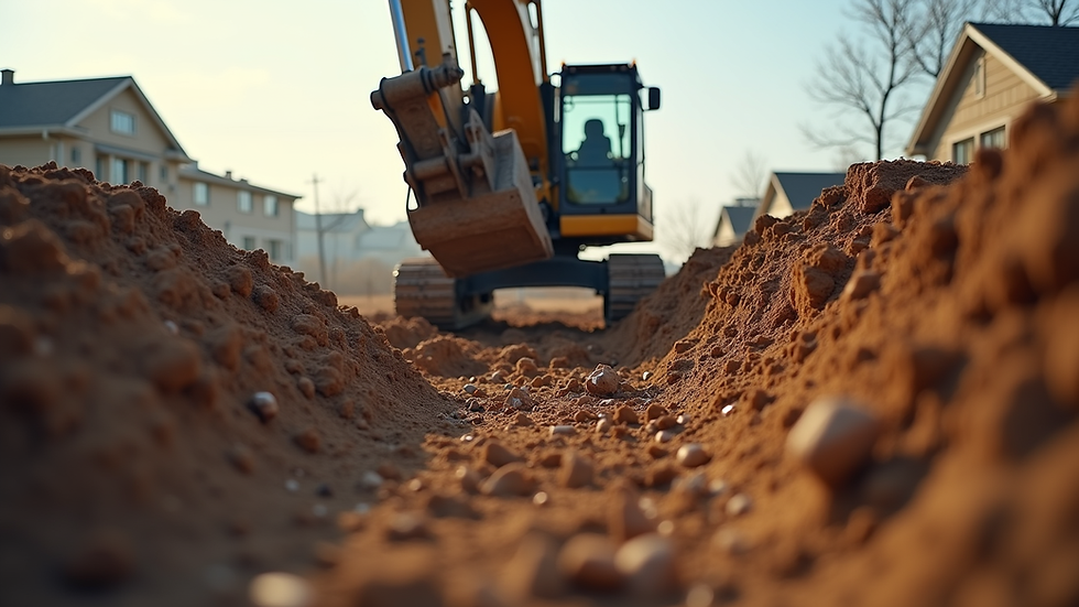Eye-level view of excavator digging a residential foundation