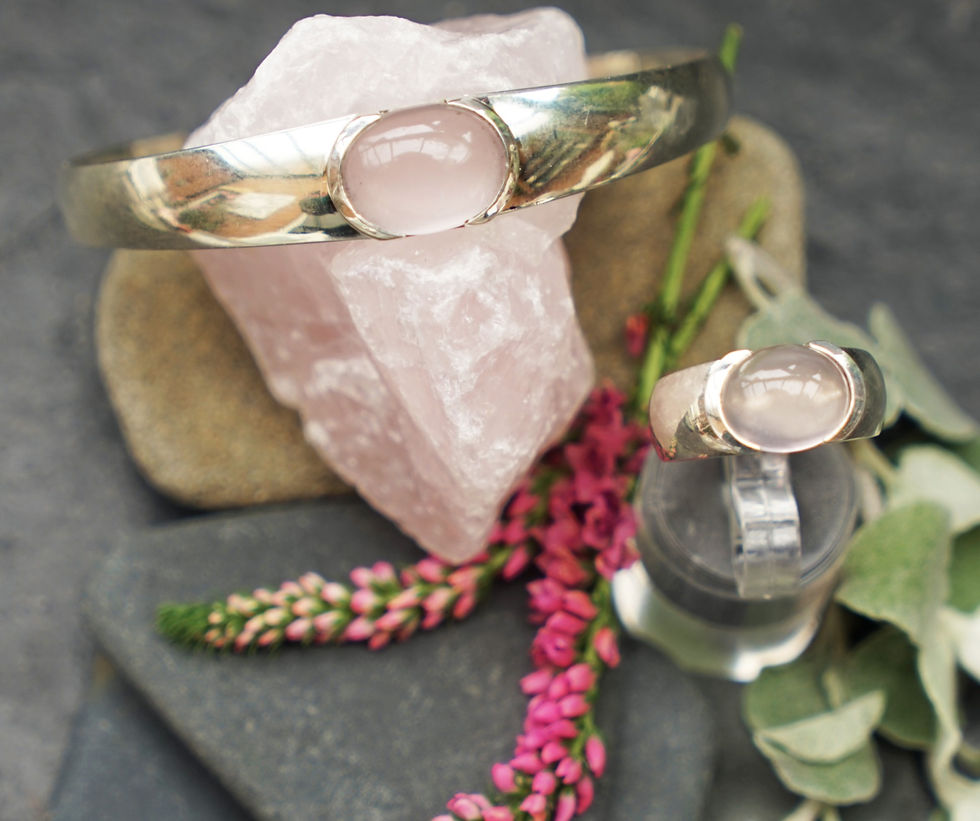 Thumbnail: Sterling Silver Torq Bangle. Cabochon Rose Quartz
