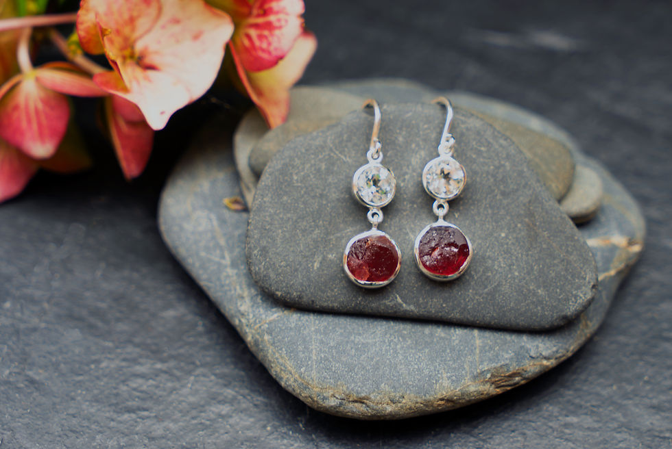 Thumbnail: Double Drop Faceted White Topaz & Raw Uncut Rose Garnet Earrings