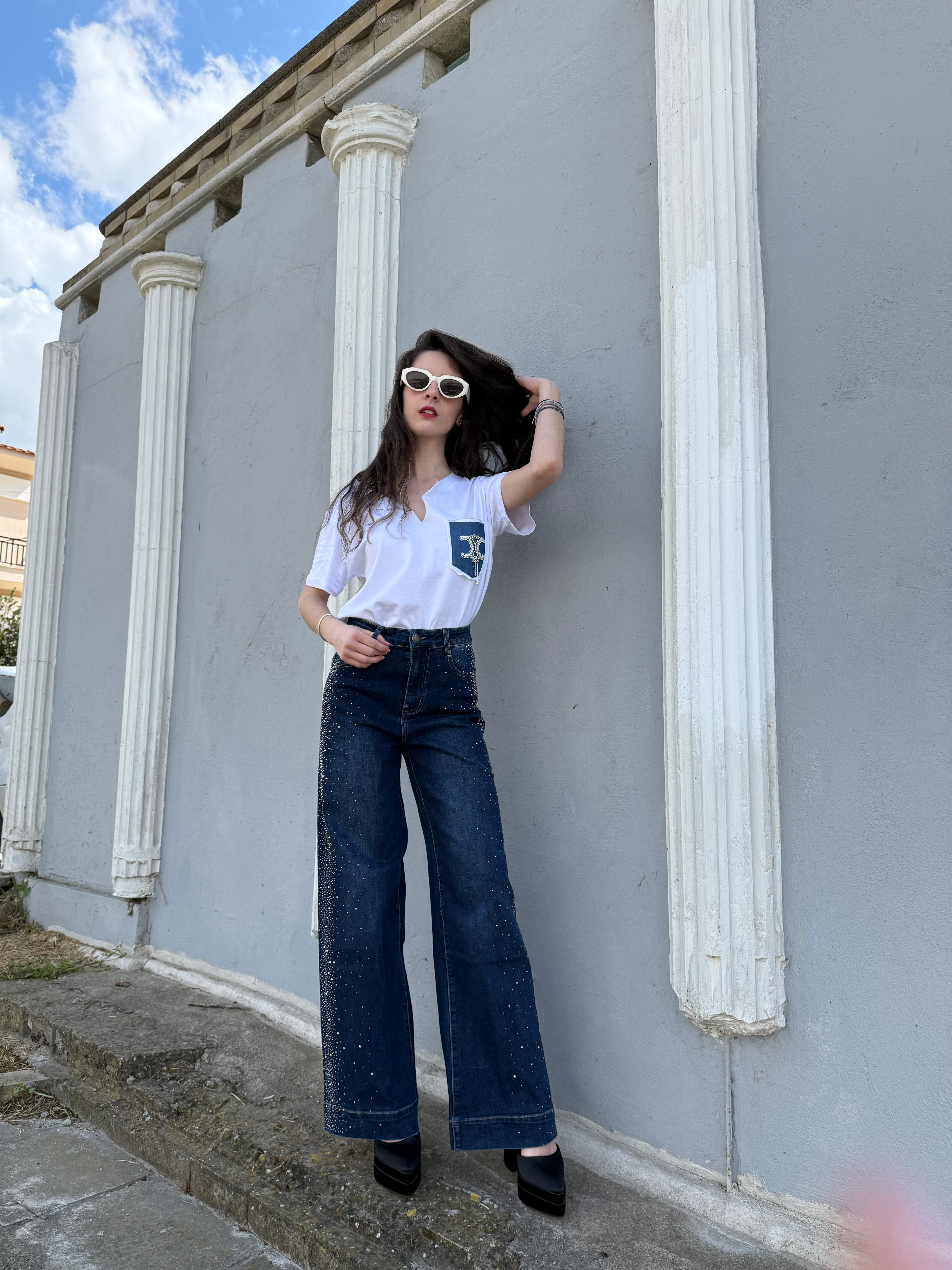 Denim trouser with strass details