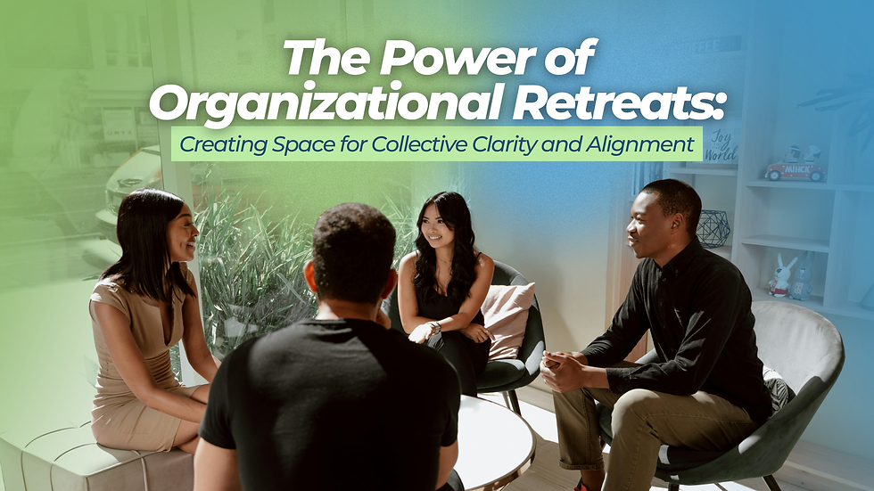 Four coworkers sit and smile in a bright lounge under the text The Power of Organizational Retreats, with a green-blue overlay.