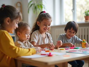 Diverse group of young children engaged in joyful, hands-on play activities within a brigh