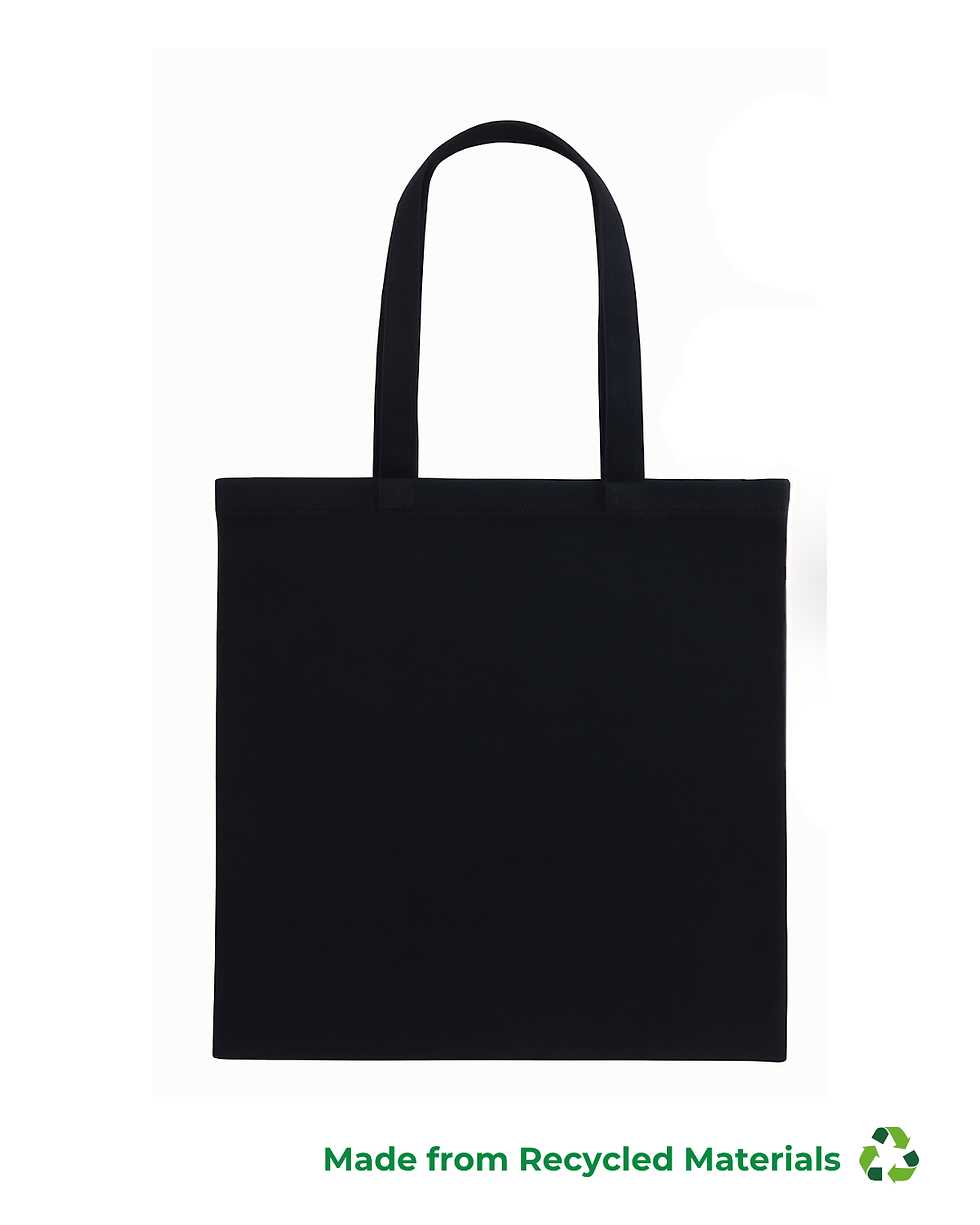 A black eco-friendly tote bag made from recycled materials, displayed on a white background. The bag has two long handles and