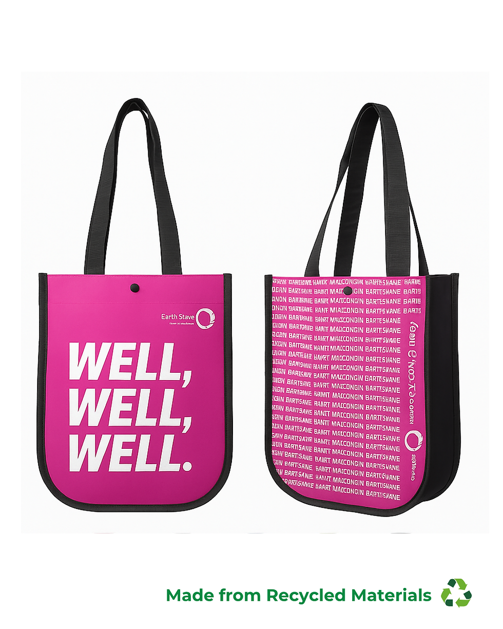 Two pink and black reusable tote bags made from recycled materials. One bag displays the bold white text “WELL, WELL, WELL.”