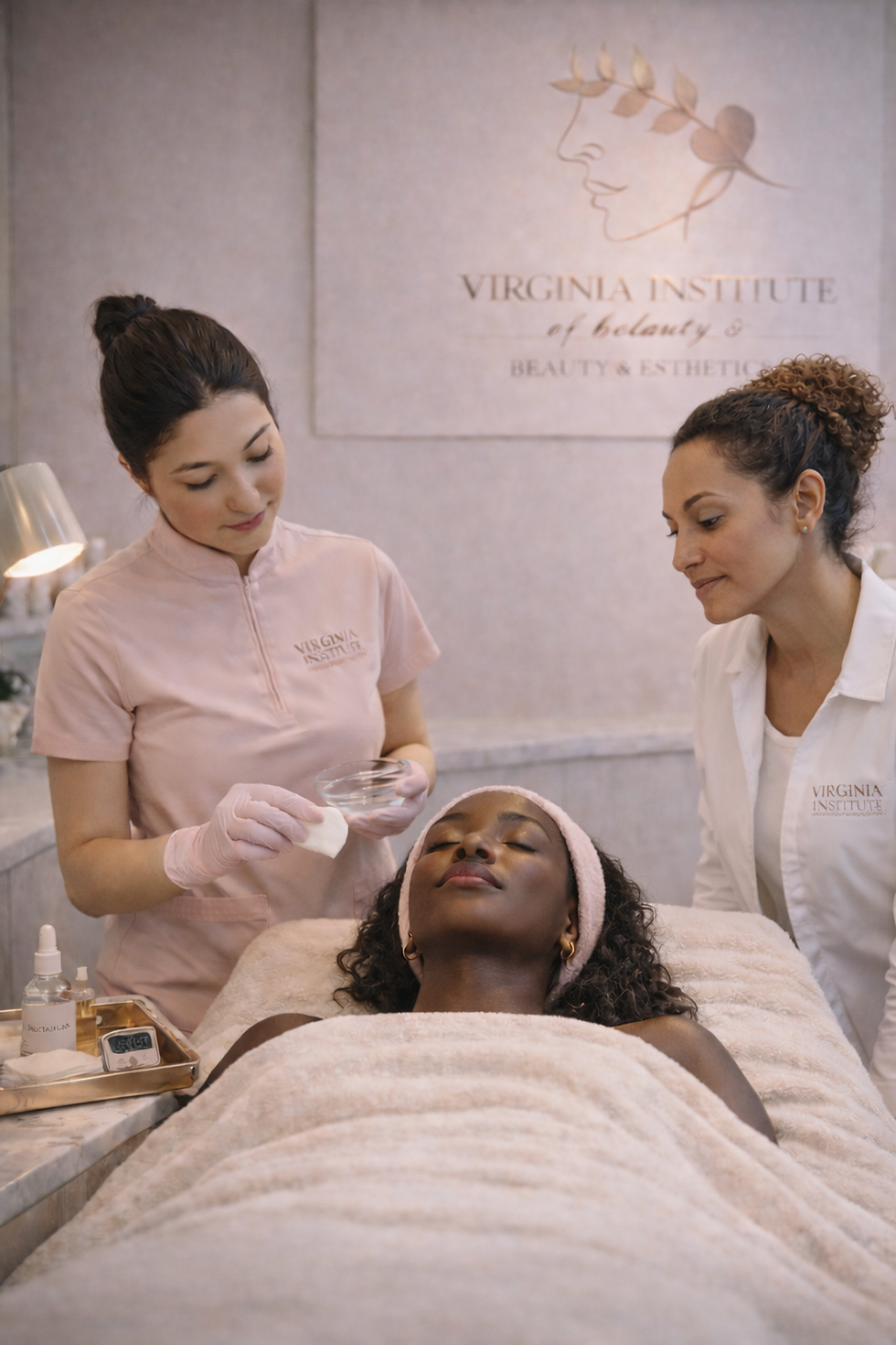 Master esthetics chemical peel training using gauze application technique in a licensed Virginia esthetics program.