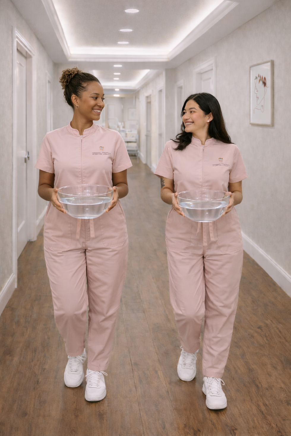 Esthetics students at a Virginia beauty school walking through a spa hallway with facial bowls.