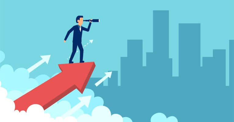 Man standing on arrow with a telescope