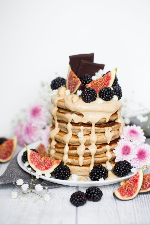 Cashew Butter Pancakes with Figs, Blackberries, and Vegan Chocolate