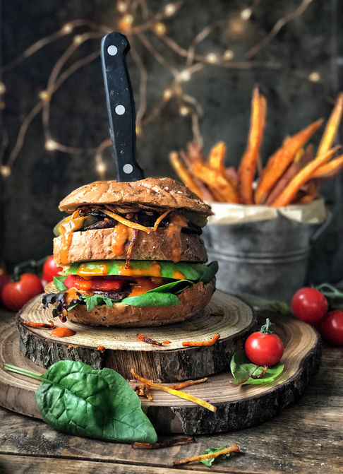 Portobello Double Deckers with Sweet Potato Fries