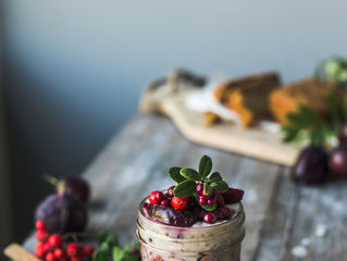 Wintertime Overnight Oats with Warm Roasted Plums and Caramel Sauce