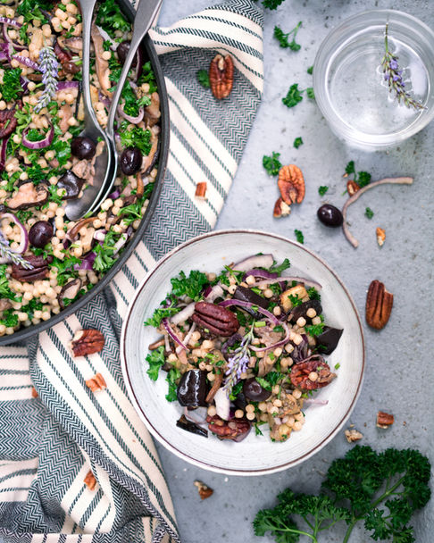 Fregola Sarda Warm Pasta Salad with Mushrooms, Roasted Eggplant and Pecans
