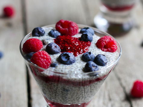 Vanilla Almond & Blueberry Chia Pudding Layered with
Tart Raspberry Chia Jam