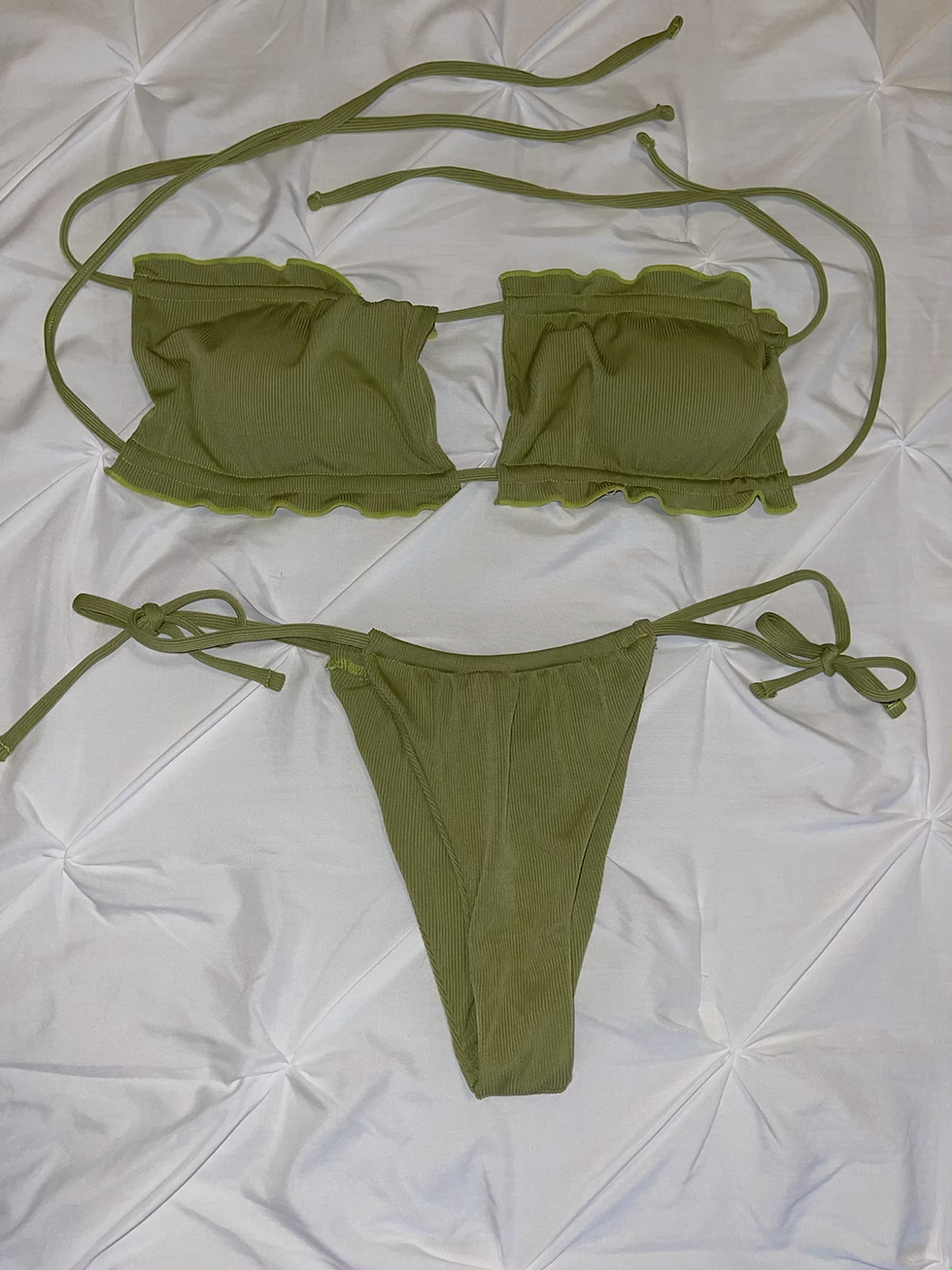Thumbnail: Solid 2 Piece Frill Ribbed Tie Side Bikini 