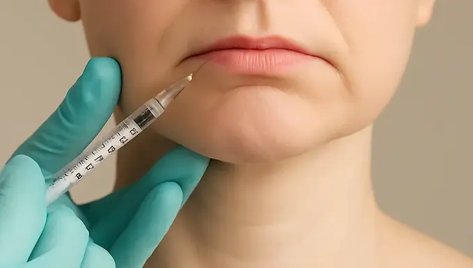 Kvinne mottar Botox injeksjon mot sure munnviker