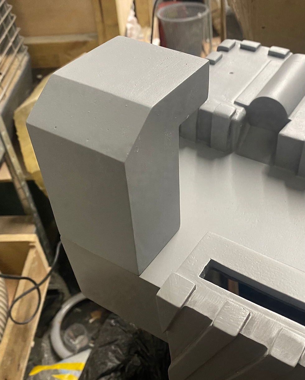 Grey painted corner piece of Frozen Empire Ion arm box - resin cast product.