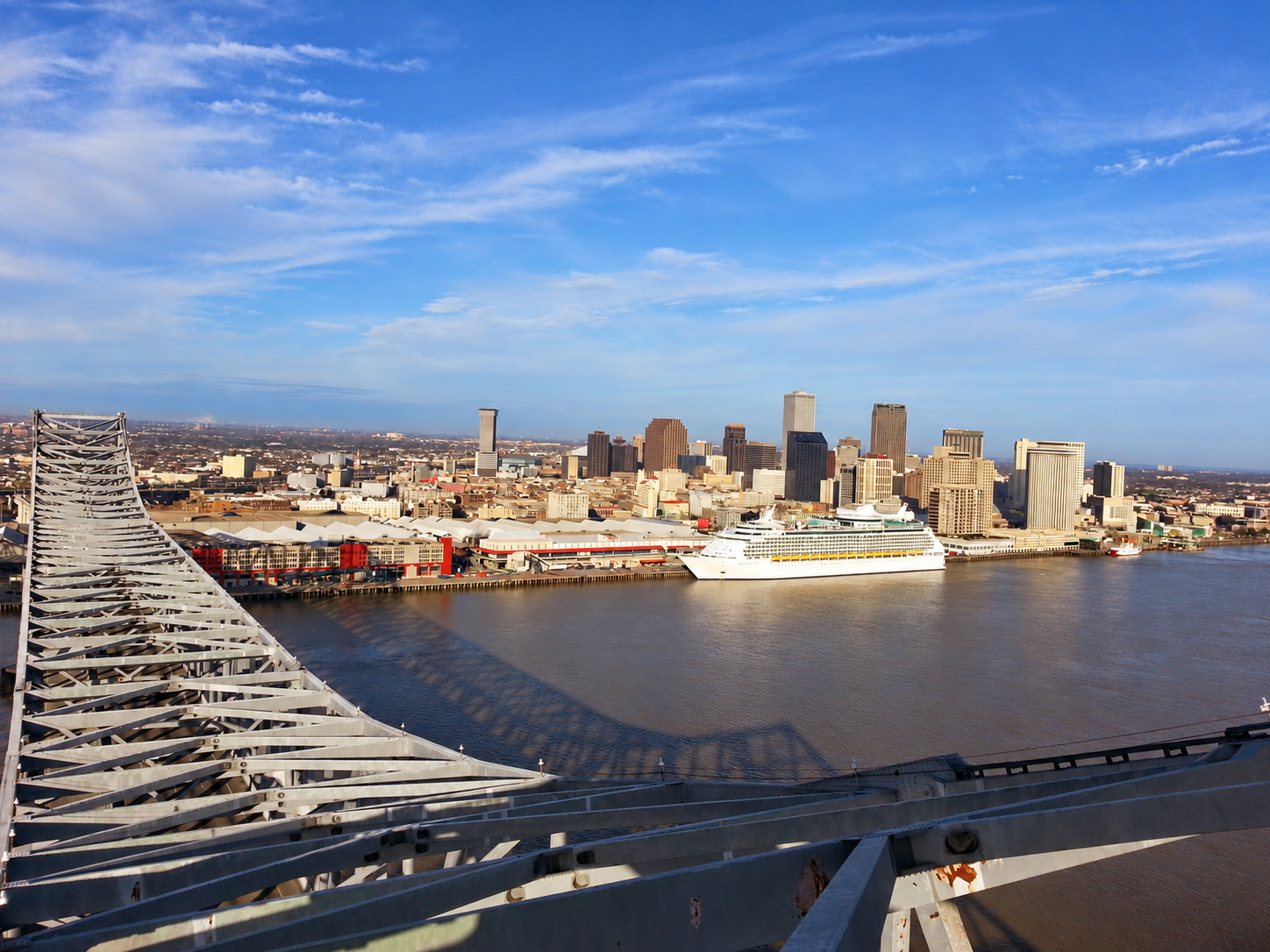 New Orleans downtown skyline and Mississippi River viewed from the Crescent City Connection bridge.
