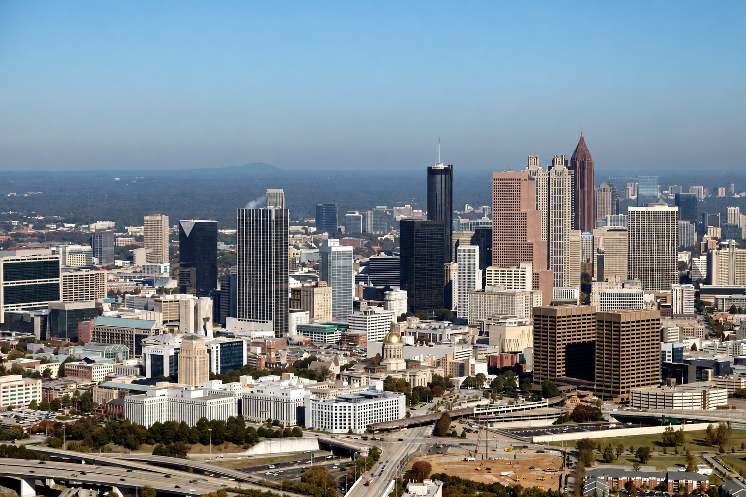 Aerial view of downtown Atlanta and the Georgia State Capitol.