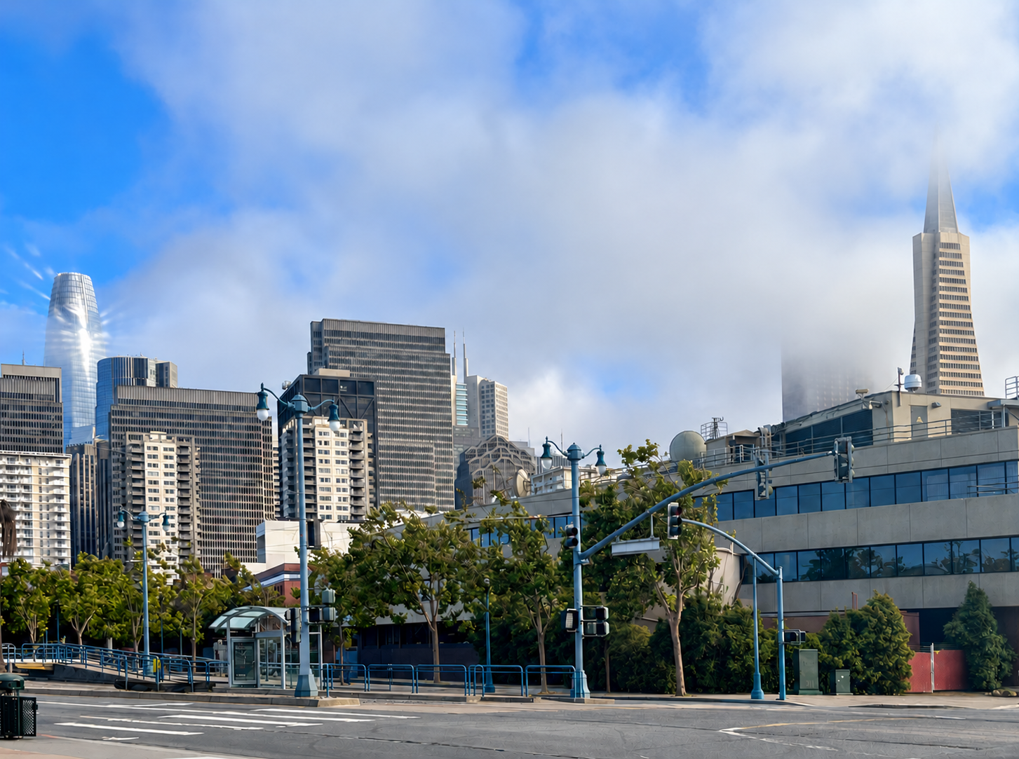 San Francisco skyline with low clouds above the Embarcadero.