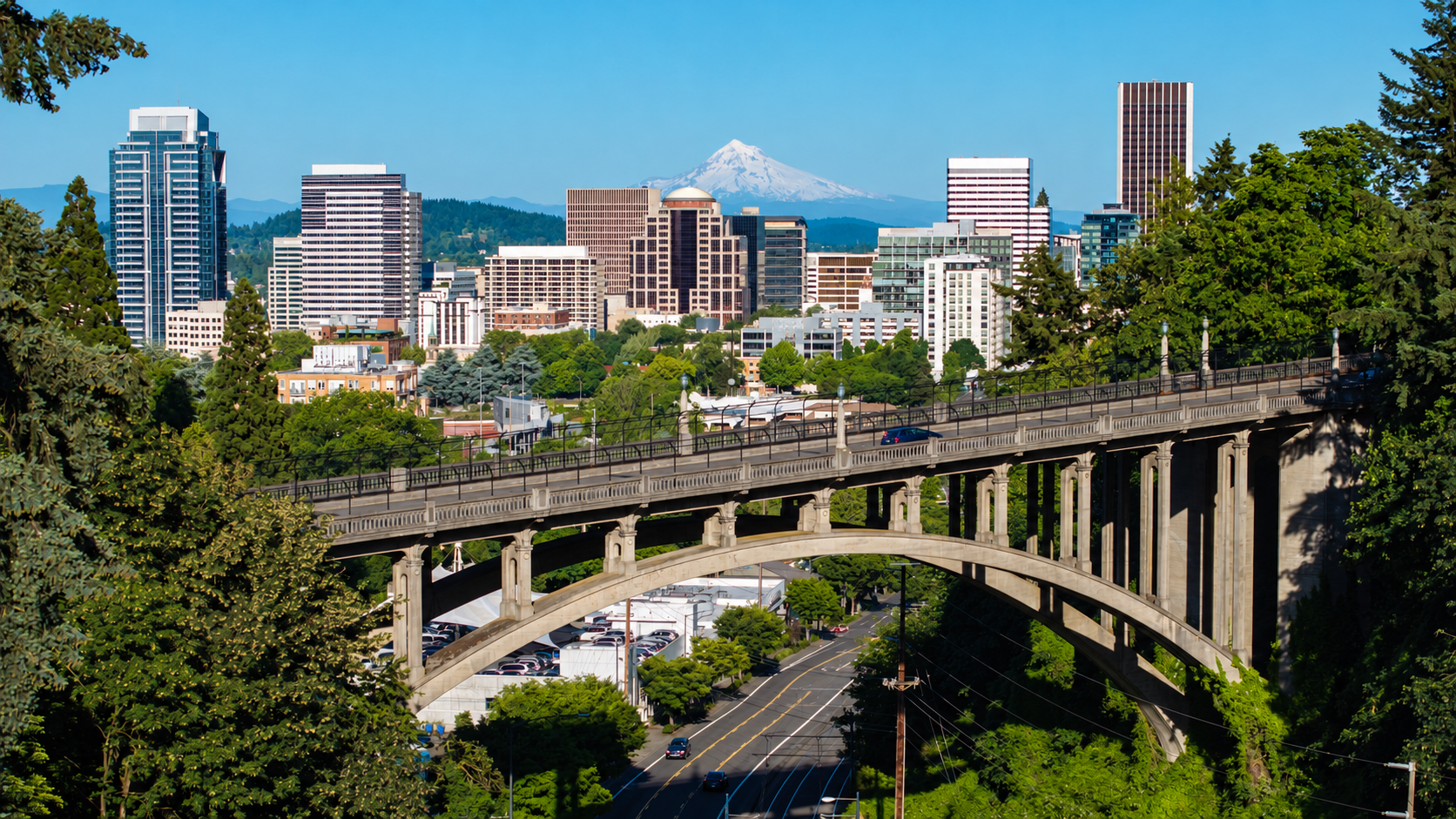 Portland skyline and Vista Bridge with Mount Hood in the distance.