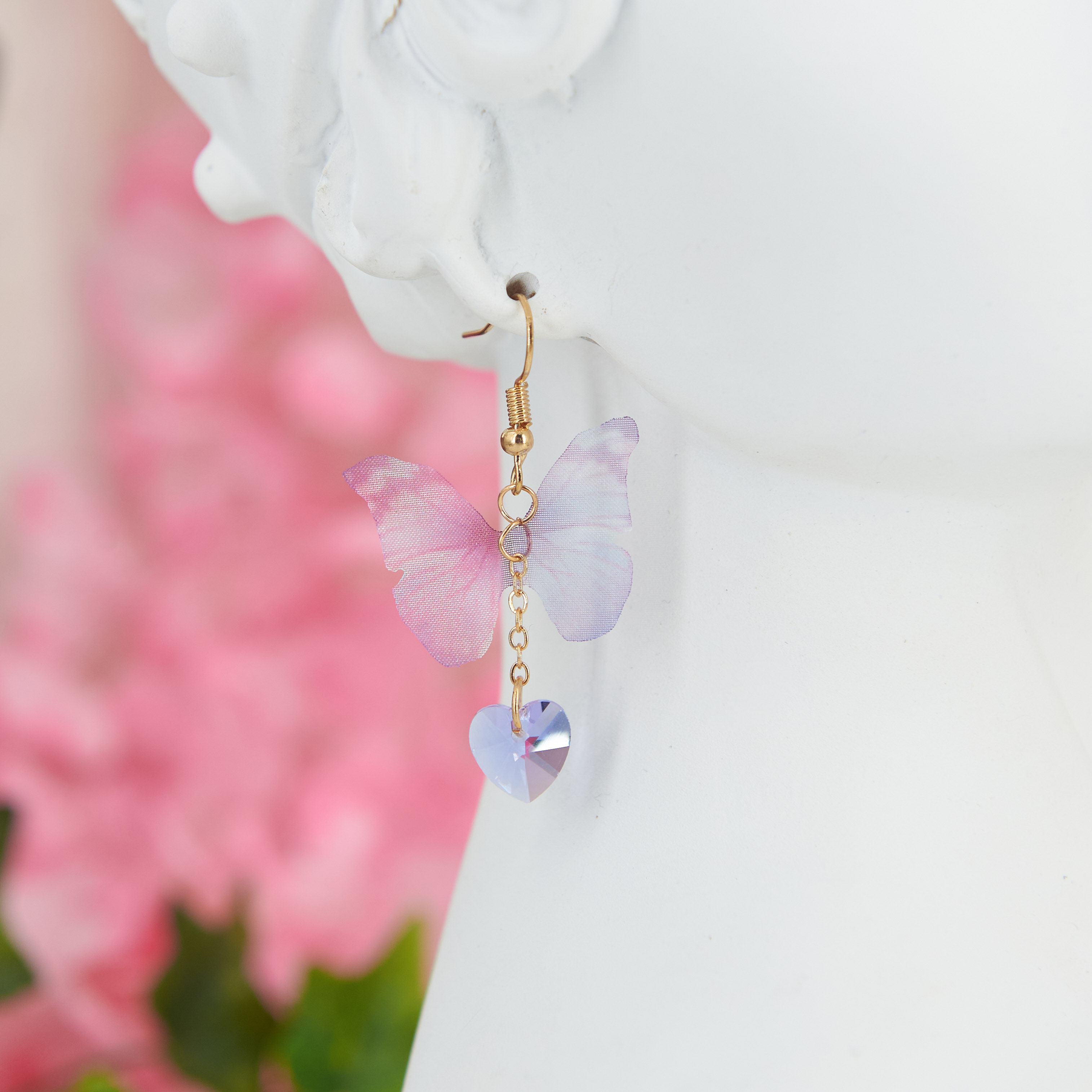 Fabric butterfly and lilac zircon pendant earrings