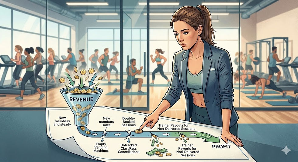 A woman in business attire analyzes a revenue funnel graph in a gym, with people exercising on machines. Coins and text indicate financial terms.