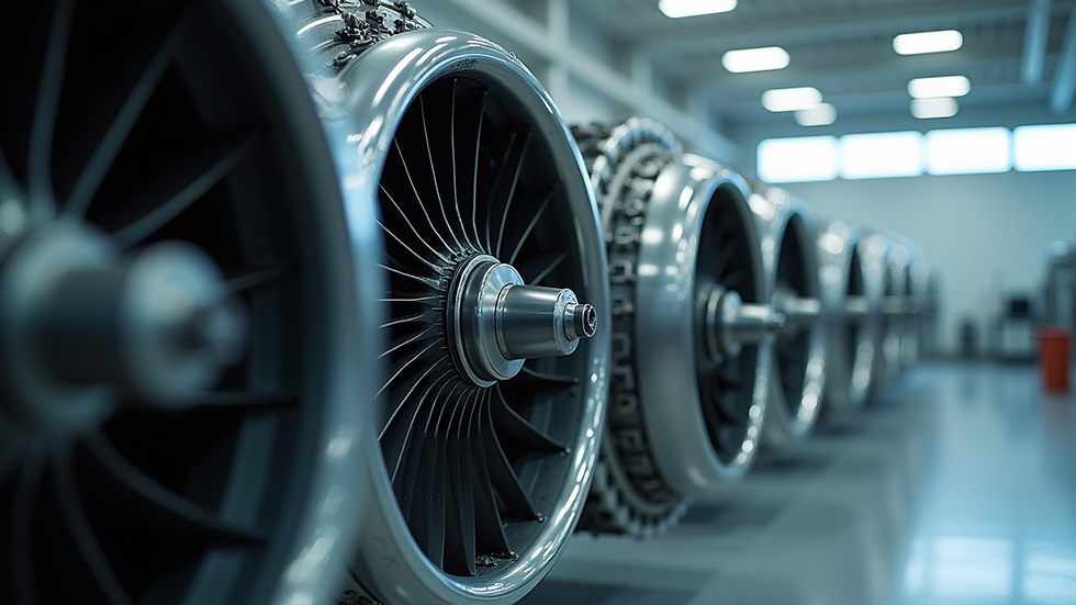 Close-up view of aircraft engine components in a training lab