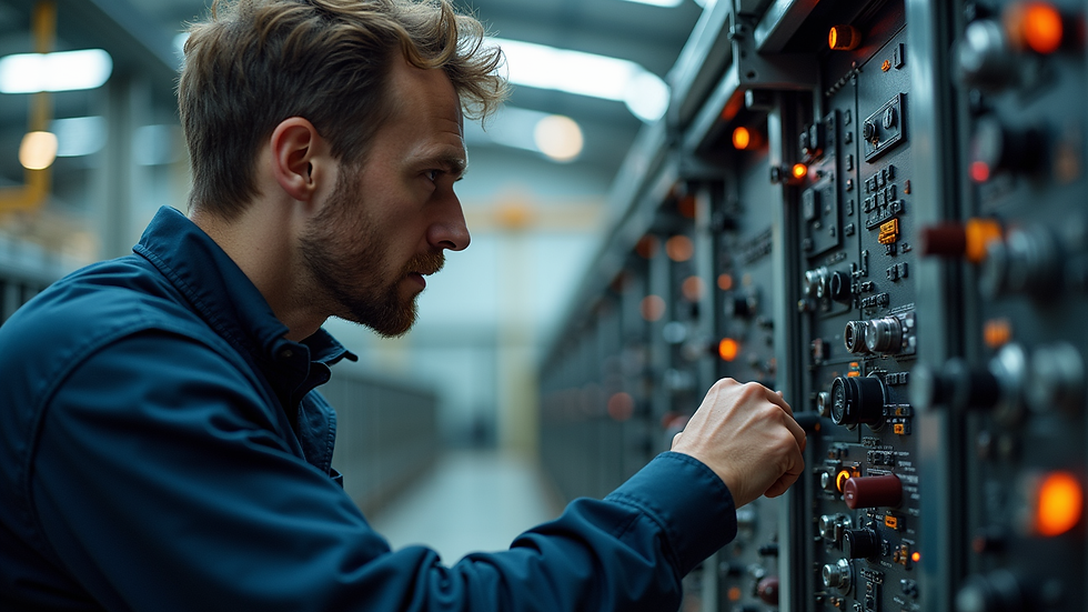 Close-up view of aviation maintenance engineer working on aircraft avionics