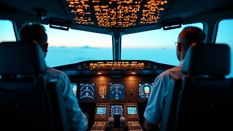 Close-up view of a flight simulator cockpit during pilot training