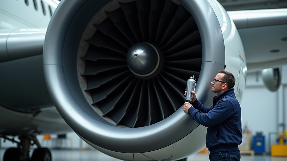 Close-up view of aircraft engine being inspected by maintenance engineer